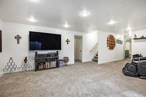 Living room with carpet flooring and a textured ceiling