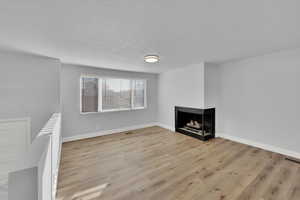 Living room with light hardwood / wood-style floors, a multi sided fireplace, and a textured ceiling.