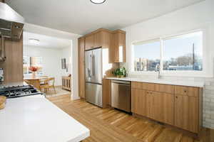 Kitchen with appliances with stainless steel finishes, light hardwood / wood-style floors, extractor fan, and sink