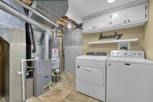 Laundry room featuring cabinets, separate washer and dryer, and water heater