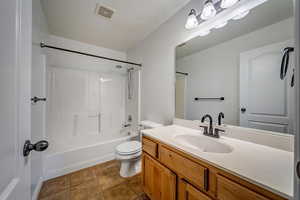 Full bathroom featuring tile patterned flooring, vanity, toilet, and shower / bath combination