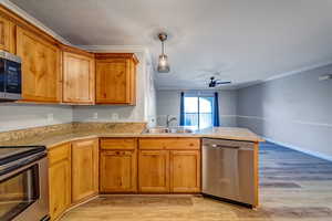 Kitchen with kitchen peninsula, ornamental molding, stainless steel appliances, sink, and decorative light fixtures