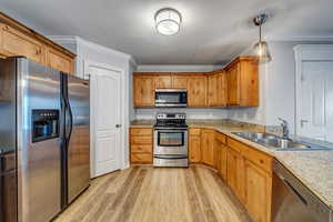 Kitchen featuring stainless steel appliances, hanging light fixtures, ornamental molding, and sink