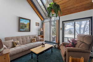 Living room with carpet floors and lofted ceiling