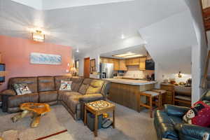 Carpeted living room with a textured ceiling