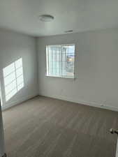 Unfurnished room featuring carpet and a textured ceiling