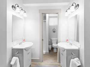 Bathroom with hardwood / wood-style floors, vanity, and toilet