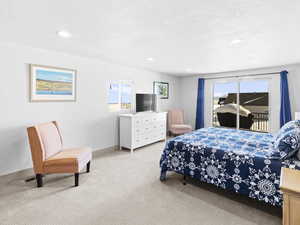 Carpeted bedroom with access to outside and a textured ceiling