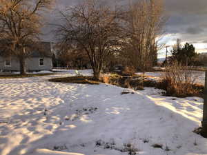 View of yard layered in snow