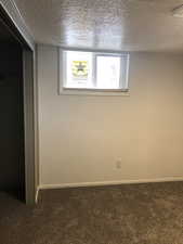 Basement featuring dark colored carpet and a textured ceiling