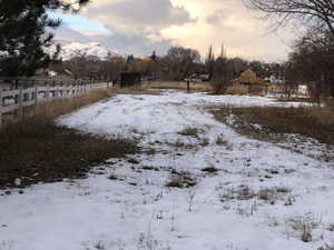 Yard layered in snow with a mountain view