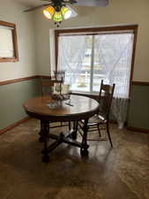 Dining area featuring ceiling fan