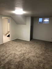 Basement with carpet flooring and a textured ceiling