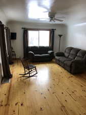 Living room with light hardwood / wood-style floors and ceiling fan