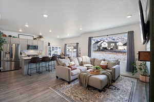 Living room featuring wood-type flooring and a textured ceiling