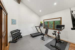 Exercise room with lofted ceiling