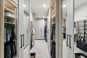 Walk in closet featuring light carpet