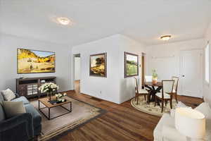 Living room featuring a textured ceiling and dark wood-type flooring