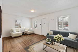 Virtual staged living room featuring hardwood / wood-style flooring, plenty of natural light, and a textured ceiling