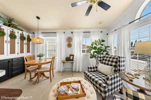 Living area with light carpet, ceiling fan, and crown molding