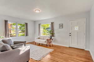 Living room with a healthy amount of sunlight and light hardwood / wood-style flooring