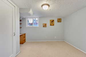 Bedroom with light carpet and a textured ceiling