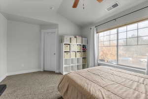 Bedroom featuring carpet, ceiling fan, and lofted ceiling