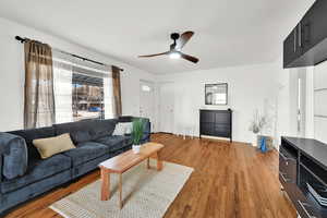 Living room featuring wood-type flooring and ceiling fan