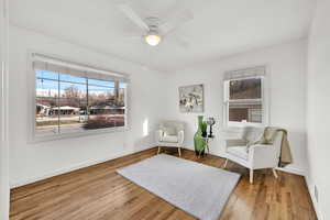 Living area featuring ceiling fan and wood-type flooring