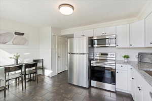 Kitchen with white cabinets, light stone counters, a textured ceiling, and appliances with stainless steel finishes