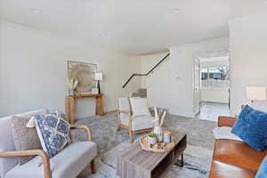 Living room featuring ornamental molding and light carpet