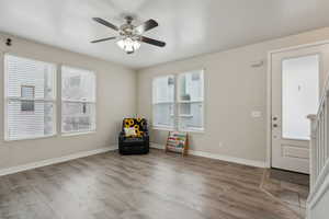 Entrance foyer featuring wood-type flooring, plenty of natural light, and ceiling fan