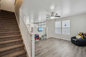 Stairway featuring wood-type flooring and ceiling fan