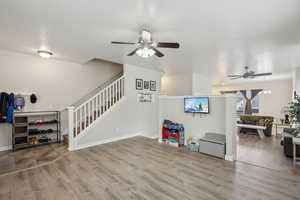 Living room featuring hardwood / wood-style flooring and ceiling fan