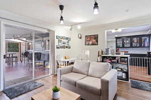 Living room with hardwood / wood-style flooring, crown molding, and track lighting