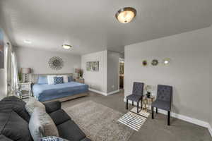 Carpeted bedroom featuring ensuite bathroom