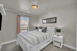 Carpeted bedroom featuring a textured ceiling