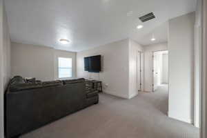 Carpeted living room featuring a textured ceiling