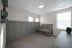 Bedroom with multiple windows, light carpet, and a nursery area