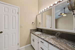 Owner's bathroom featuring ceiling fan, tile patterned flooring, and vanity