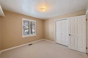 Bedroom 2 featuring light carpet, a textured ceiling, and a closet