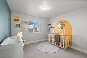 Carpeted bedroom with a textured ceiling and a nursery area