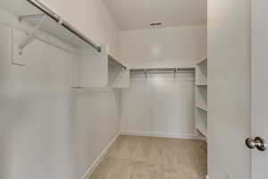 Walk in closet in primary suite featuring light carpet