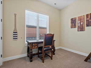 Carpeted office space with plenty of natural light