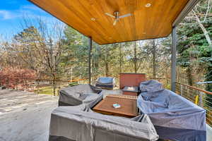 View of patio / terrace featuring outdoor lounge area, ceiling fan, and a grill
