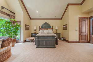 Bedroom with light colored carpet and lofted ceiling