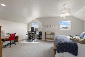 Bedroom featuring carpet and lofted ceiling