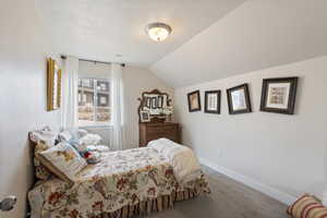 Carpeted bedroom with a textured ceiling and vaulted ceiling