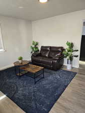 Living room featuring hardwood / wood-style floors and a textured ceiling