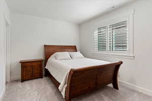 Bedroom featuring light carpet